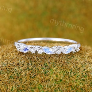 Vintage Moonstone wedding band Unique white gold wedding band Marquise cut Diamond Half eternity wedding band Bridal Matching Stackable band