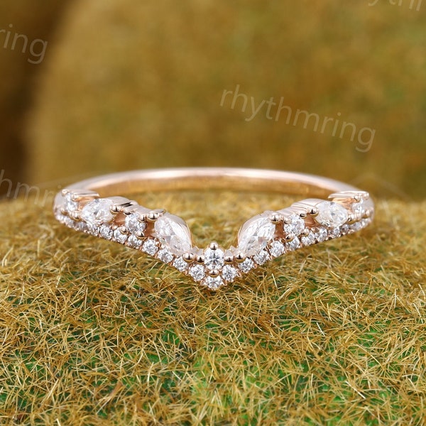 Vintage Marquise Moissanite wedding band Unique rose gold Curved wedding band Diamond wedding band Bridal Matching Stacking promise band