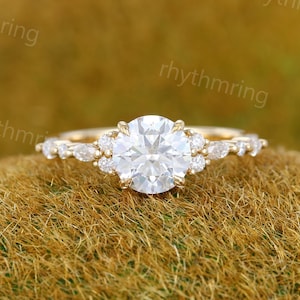 Vintage Moissanite engagement ring Unique yellow gold engagement ring Marquise Diamond cluster ring Art deco Bridal Promise Anniversary ring