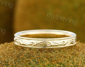 Alianza de boda lisa de 3 mm, alianza de boda vintage de oro amarillo macizo de 18 quilates, anillo único con detalles milgrain, alianza nupcial a juego, anillo de promesa de boda.