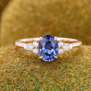 Oval Cornflower Blue Sapphire engagement ring Vintage rose gold engagement ring Marquise cut Diamond cluster ring Wedding Anniversary ring