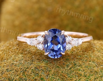 Oval Cornflower Blue Sapphire engagement ring Vintage rose gold engagement ring Marquise cut Diamond cluster ring Wedding Anniversary ring