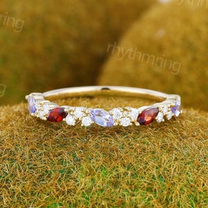 Marquise cut Tanzanite wedding band Vintage 18K Solid Yellow gold wedding band Half eternity Garnet band Bridal Matching Stackable band