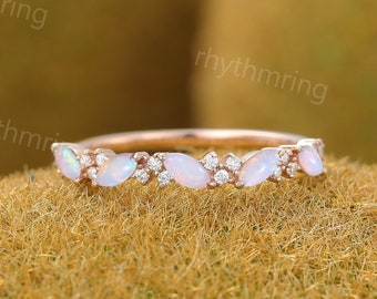 Delicate Opal wedding band Unique rose gold wedding band Vintage Half Eternity Marquise Cut wedding band Bridal Matching Stackable band