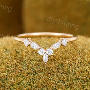 Vintage Marquise Moissanite wedding band Unique rose gold Curved wedding band Diamond wedding band Bridal Matching Stacking promise band