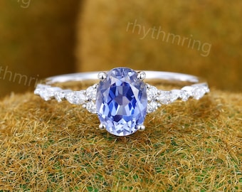 Oval Cornflower Blue Sapphire engagement ring Vintage white gold ring Marquise cut Diamond cluster ring Wedding Promise Anniversary ring