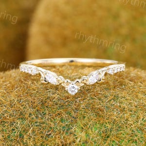 Curved wedding ring Marquise cut Natural Diamond wedding band 14K Yellow gold Moissanite band matching band Bridal promise Anniversary gift