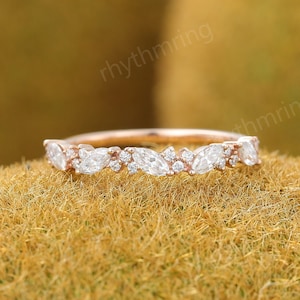 Half Eternity ring Delicate Moissanite wedding band Unique rose gold band Vintage Marquise Cut wedding band Bridal Matching Stackable band
