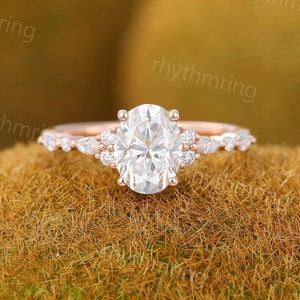 Vintage Oval Moissanite engagement ring Unique rose gold engagement ring Marquise Diamond cluster ring Art deco Promise Anniversary ring