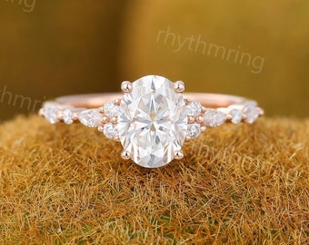 Vintage Oval Moissanite engagement ring Unique rose gold engagement ring Marquise Diamond cluster ring Art deco Promise Anniversary ring