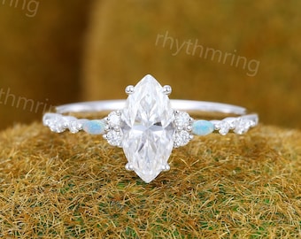 Marquise Moissanite engagement ring Unique white gold ring Vintage Diamond cluster ring Opal ring Art deco Bridal Promise Anniversary ring