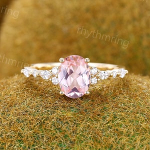 Vintage Oval Pink Sapphire engagement ring Yellow gold engagement ring Unique Marquise Diamond ring Art deco Wedding Anniversary ring gift