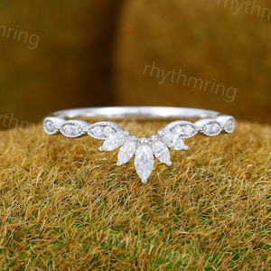 Marquise Moissanite wedding band Vintage White gold Curved wedding band Unique Diamond wedding band Bridal Matching Stacking promise band