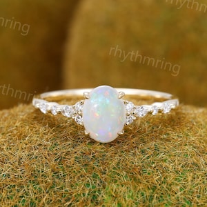 Vintage Oval Natural Opal engagement ring Unique yellow gold ring Marquise Diamond cluster ring Art deco Wedding Promise Anniversary ring