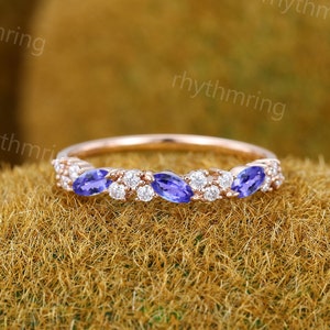 Delicate Tanzanite wedding band Unique Rose gold wedding band Vintage Half eternity Marquise moissanite wedding band Matching Stackable band