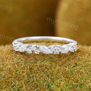 Delicate Moissanite wedding band Unique White gold wedding band Vintage Half eternity Marquise wedding band Bridal Matching Stackable band