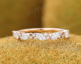 Delicate Moissanite wedding band Unique rose gold wedding band Vintage Eternity Marquise Cut wedding band Bridal Matching Stackable band