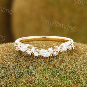 Half eternity Moissanite wedding band 14K yellow gold band Vintage Curved ring Delicate Marquise wedding band Bridal Matching Stackable band