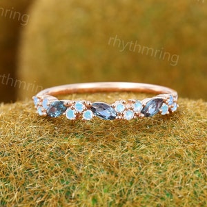 Alexandriet trouwring vintage maansteen roségouden trouwring unieke marquise geslepen halve eeuwigheid band bruiloft bijpassende stapelbare band