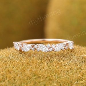 Delicate Moissanite wedding band Unique rose gold wedding band Vintage Eternity Marquise Cut wedding band Bridal Matching Stackable band