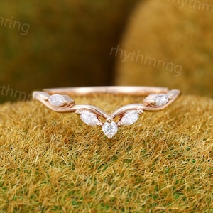 Marquise Moissanite Curved wedding band Vintage Unique rose gold art deco wedding band Diamond Bridal Matching Stacking band Promise ring