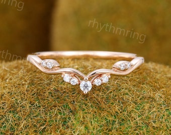 Curved Wedding Band vintage rose gold ring Diamond Ring Unique Bridal stacking Delicate moissanite matching band Promise Anniversary ring