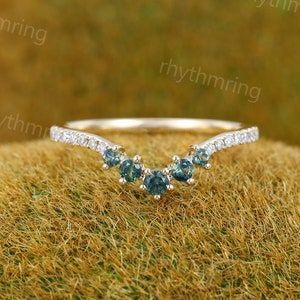 Vintage Teal sapphire wedding band Yellow gold Curved wedding band Unique Moissanite wedding band Bridal Matching Stacking band promise gift