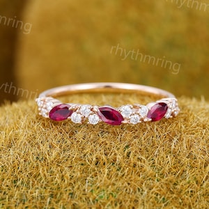 Vintage Ruby wedding band Rose gold wedding band Unique Marquise cut Diamond Half eternity wedding band Bridal Matching Stackable band