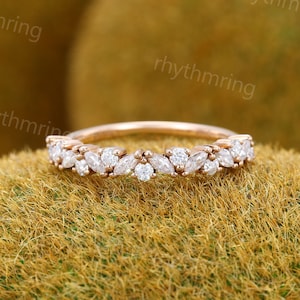 Unique Marquise cut moissanite wedding band Vintage diamond Rose gold wedding band Half eternity Wedding band Bridal Matching Stackable band