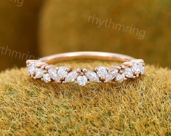 Unique Marquise cut moissanite wedding band Vintage diamond Rose gold wedding band Half eternity Wedding band Bridal Matching Stackable band