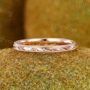2mm Filigree wedding band Vintage Rose gold Plain wedding band Milgrain ring Engraved Solid gold band Bridal Matching band promise gift