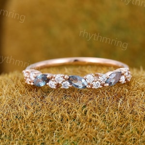 Marquise gesneden alexandriet trouwring vintage roségouden trouwring halve eeuwigheid moissaniet trouwring bruids bijpassende stapelbare band