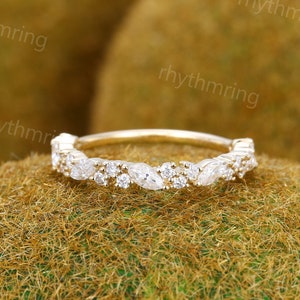 Delicate Moissanite wedding band Unique Eternity Yellow gold wedding band Vintage Marquise wedding band Bridal Matching Stackable band Gift