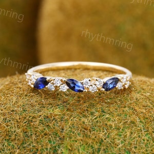 Vintage Sapphire wedding band Yellow gold wedding band Unique Marquise cut Diamond Half eternity wedding band Bridal Matching Stackable band