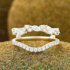 Vintage Curved Double bands wedding Ring Yellow gold enhancer ring Delicate Half eternity Moissanite band Bridal Matching Stackable band