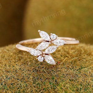 Marquise Moissanite engagement ring vintage Unique rose gold engagement ring Cluster Art deco Diamond wedding ring Promise Anniversary ring