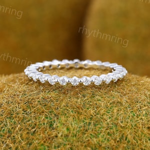 Full eternity Moissanite wedding band Unique white gold wedding band Vintage wedding band Art deco Bridal Matching Stacking promise band