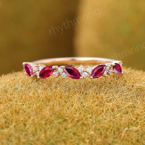 Lab Ruby wedding band Rose gold wedding band Unique Half eternity wedding band Marquise cut Diamond ring Bridal Matching Stackable band