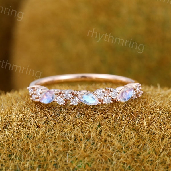 Vintage Moonstone wedding band Unique rose gold wedding band Marquise Diamond Half eternity wedding band Bridal Matching Stackable band