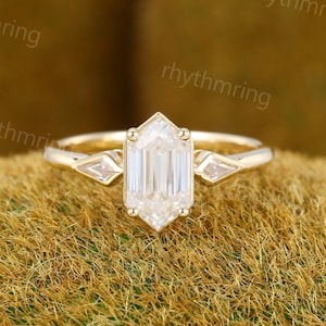 Vintage Elongated Hexagon Moissanite engagement ring Unique yellow gold ring Kite cut diamond ring Wedding Bridal Promise Anniversary gift