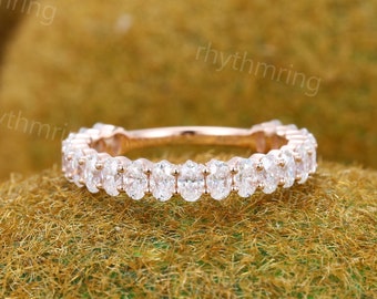Oval Moissanite wedding band Unique rose gold wedding band women Vintage 3/4 eternity wedding band Bridal Matching promise gift for her
