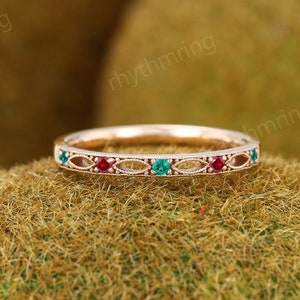 Natural Emerald Ruby wedding band Unique rose gold wedding band Milgrain Half eternity wedding band Bridal Matching Stackable band for her