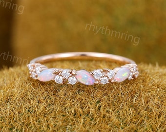 Unique Marquise cut Opal wedding band Vintage Rose gold wedding band Half eternity Moissanite Wedding band Bridal Matching Stackable band