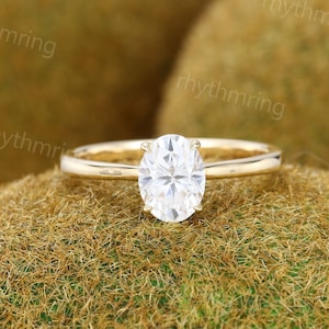 Oval Moissanite engagement ring vintage Solitaire yellow gold engagement ring Art deco Bridal wedding ring Promise Anniversary ring