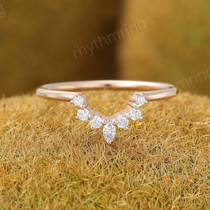 Vintage Marquise Moissanite wedding band Delicate rose gold Curved wedding band Diamond ring Bridal Matching Stacking band Promise band