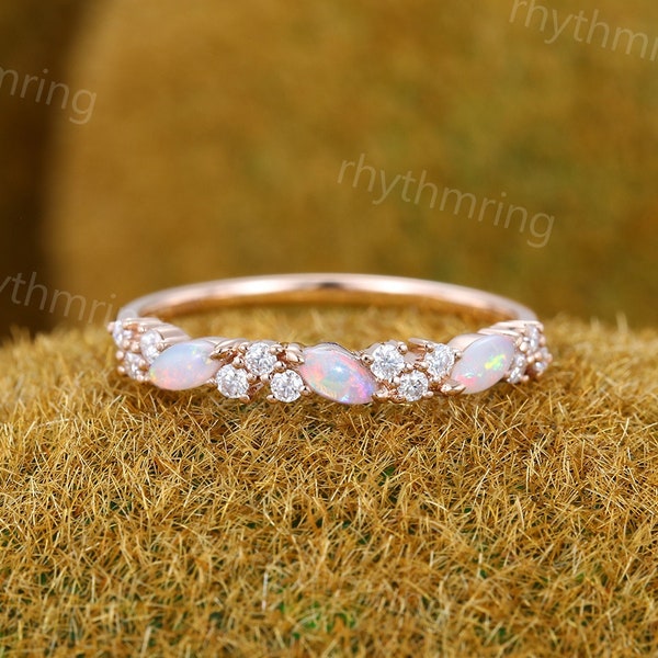 Unique Marquise cut Opal wedding band Vintage Rose gold wedding band Half eternity Moissanite Wedding band Bridal Matching Stackable band