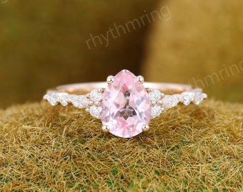 Pink Sapphire engagement ring Vintage Pear shaped rose gold ring Unique Marquise cut Diamond cluster ring Wedding Promise Anniversary gift