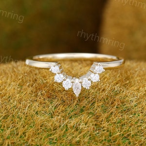 Marquise Moissanite Curved wedding band Vintage Unique Yellow gold Chevron wedding band Diamond Bridal Matching Stacking band Promise ring