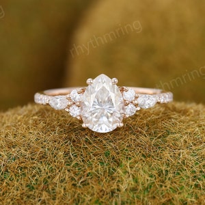 Vintage Pear Moissanite engagement ring Rose gold engagement ring Marquise Diamond Cluster ring eternity Bridal Promise Anniversary ring