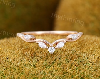 Marquise Moissanite Curved wedding band Vintage Unique rose gold art deco wedding band Diamond Bridal Matching Stacking band Promise ring